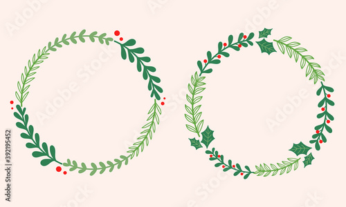 Christmas wreath with Poinsettia and pine tree. Holiday frame.