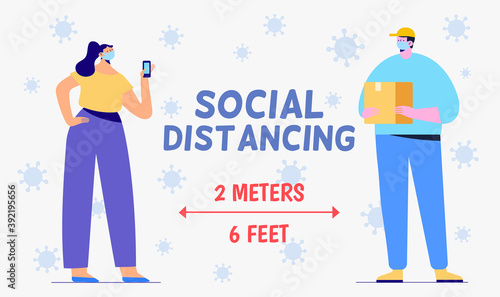 Keep Your Social Distancing. People in face masks  COVID-19 epidemic.  Concept of social distancing, virus prevention, wearing mask, buy foods and supplies. Cartoon flat vector illustration