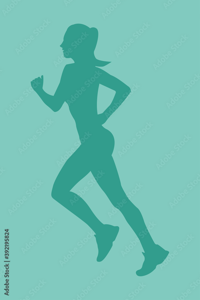 Silhouette of a beautiful slender girl going in for sports. Woman jogging. Silhouette on a green background