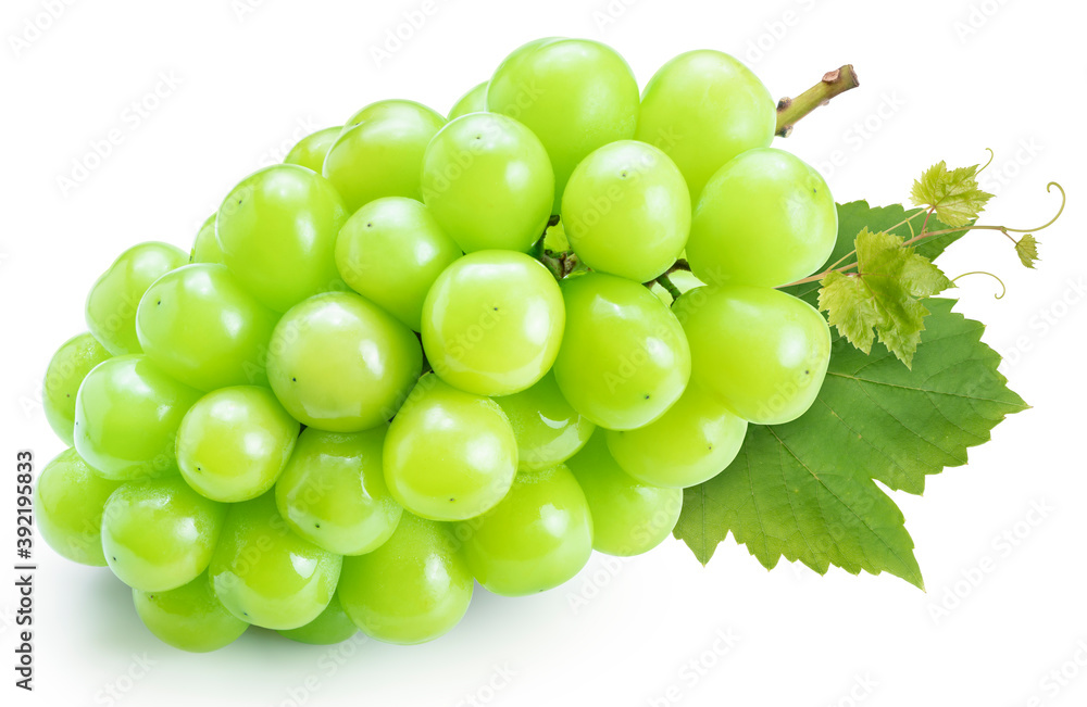 Fresh Shine Muscat Grape isolated on white background, Green grape with leaves isolated on white With clipping path.