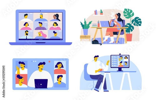 Working at home set. Virtual meeting. Online conference. Young people working on laptops and computers at home. Flat style Vector illustration set