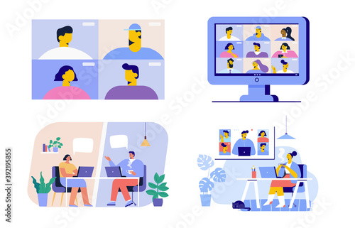 Working at home set. Virtual meeting. Online conference. Young people working on laptops and computers at home. Flat style Vector illustration set