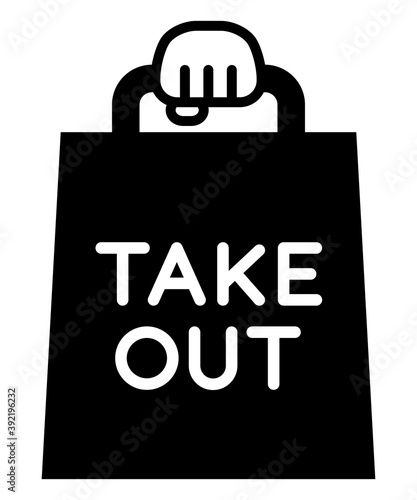 Simple takeaway icon for a hand holding a black shopping bag