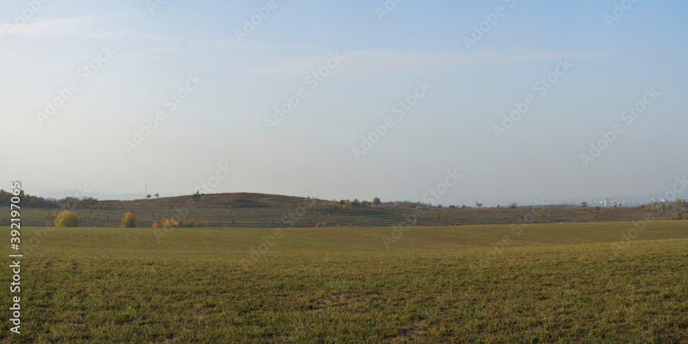 Autumn walks through fields and forests, beautiful panorama.