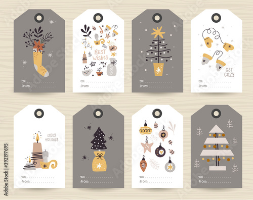 Collection of tags with Christmas items