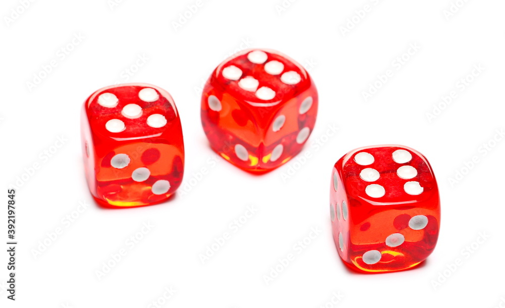 Red gambling dice pile, die for tabletop games and poker isolated on white background Red gambling dice pile, die for tabletop games and poker isolated on white background