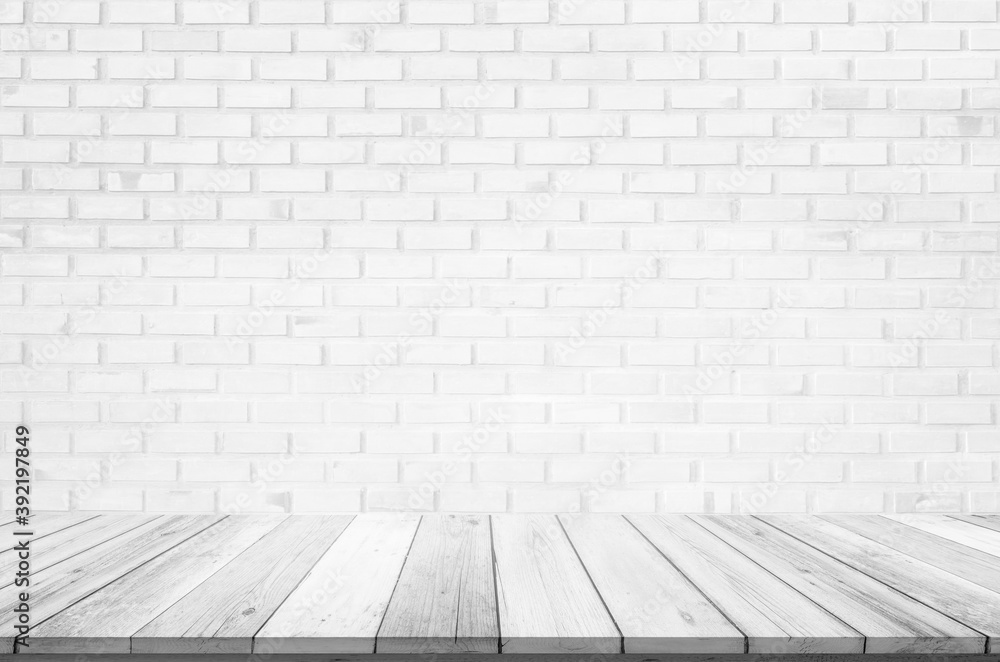 Empty wooden table top on white brick wall background, Design wood terrace white. Perspective for show space for your copy and branding. Can be used as product display montage. Vintage style concept.