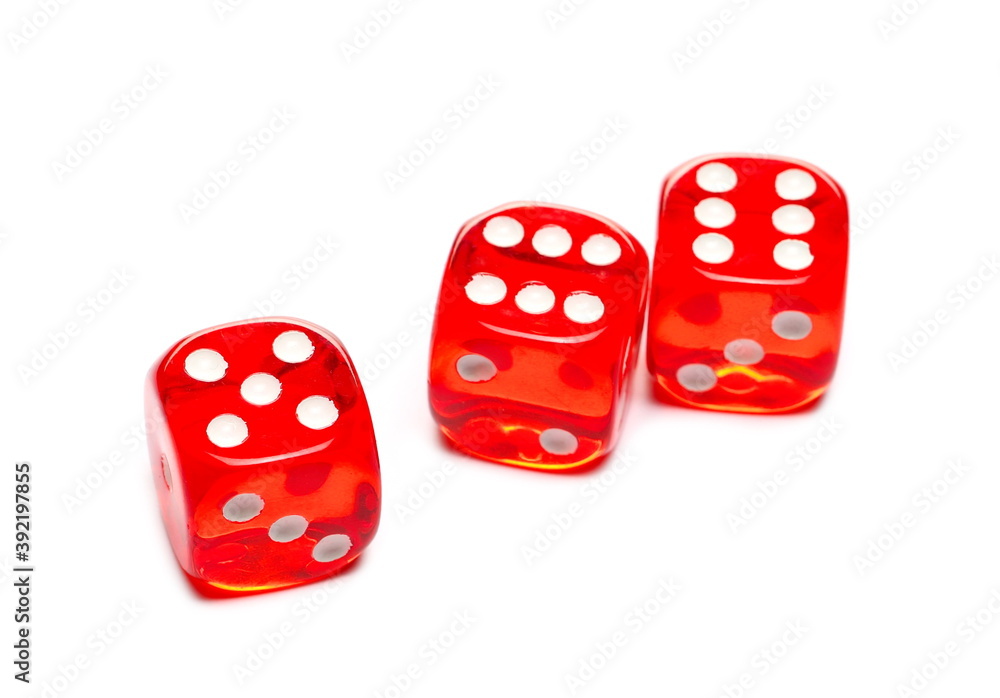 Red gambling dice pile, die for tabletop games and poker isolated on white background Red gambling dice pile, die for tabletop games and poker isolated on white background