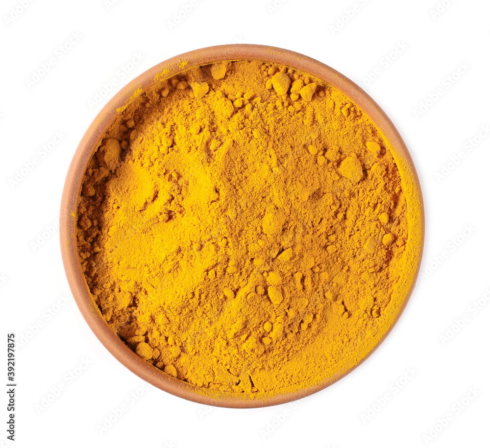 Turmeric powder (Curcuma) in bowl, pot isolated on white background, top view Turmeric powder (Curcuma) in bowl, pot isolated on white background, top view