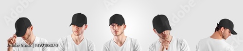 Photography Mockup black baseball cap on a guy's head, front, side view, isolated on background, headwear for sun protection