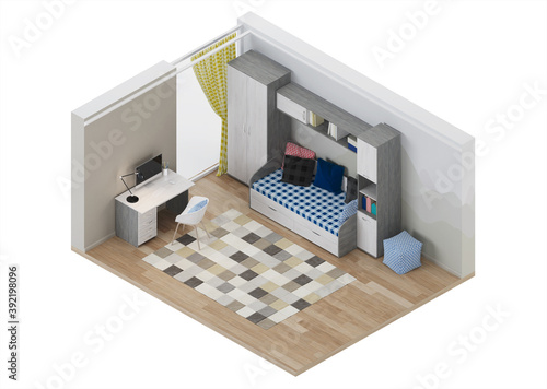 Cozy stylish room designed for a teenager. Interior with light walls and a pattern of mountains on the wall. Interior in orthogonal projection. View from above. 3D rendering.