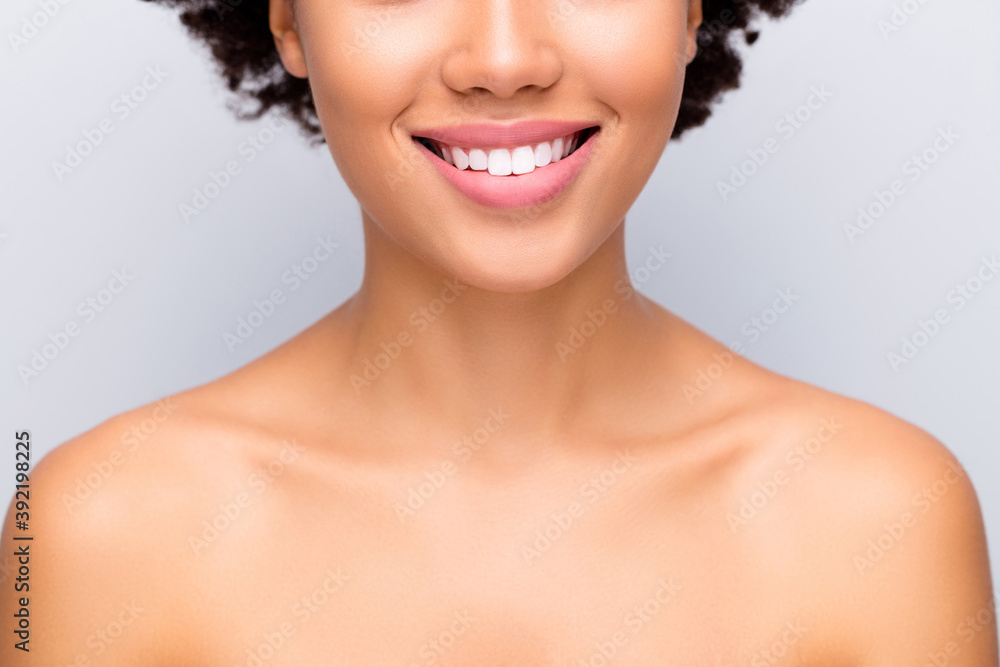 Cropped close-up portrait of her she nice attractive cheerful confident wavy-haired girl fresh breath oral cavity daily care therapy treatment isolated on light white gray color pastel background Cropped close-up portrait of her she nice attractive cheerful confident wavy-haired girl fresh breath oral cavity daily care therapy treatment isolated on light white gray color pastel background