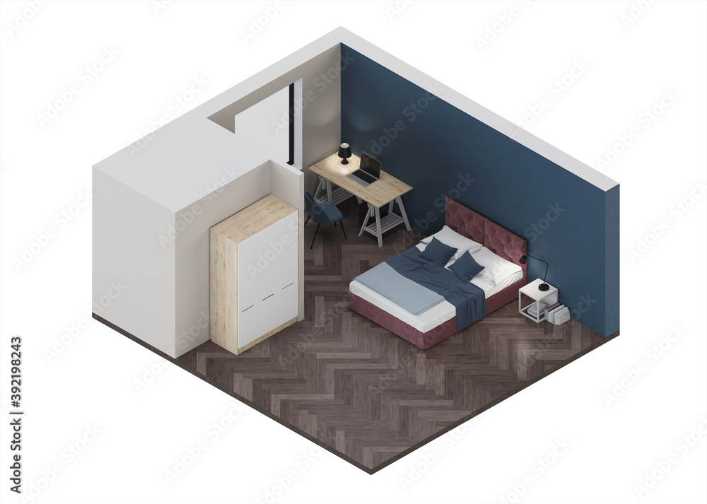 Modern bedroom interior. Bedroom with blue walls. Interior in orthogonal projection. View from above. 3D rendering. Modern bedroom interior. Bedroom with blue walls. Interior in orthogonal projection. View from above. 3D rendering.