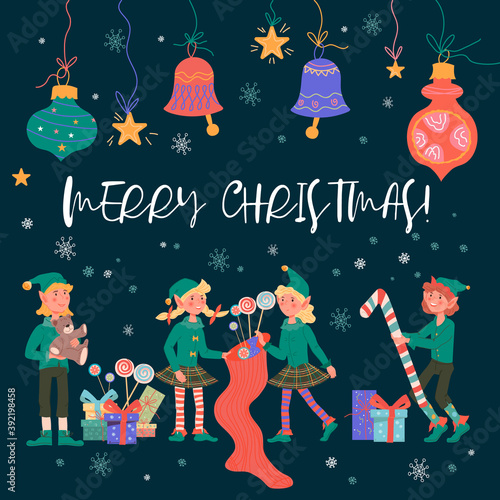 Christmas banner or greeting card template with cute elves children and Xmas toys, cartoon flat vector illustration on dark background. Christmas elves cartoon characters packing gifts for kids.