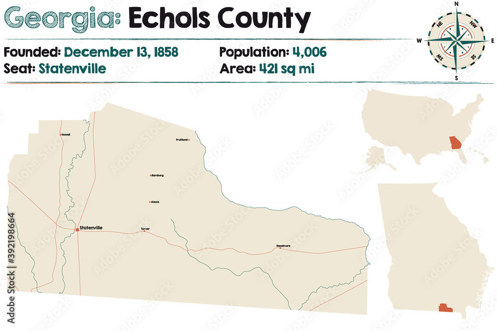 Large and detailed map of Echols county in Georgia, USA.
