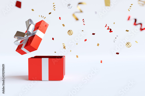 Red gift box open and floating glitter confetti on white background. 3d render illustration. Christmas, new year, birthday, valentine, anniversary concept.