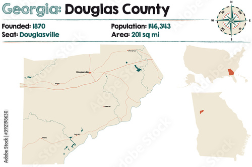 Large and detailed map of Douglas county in Georgia, USA.
