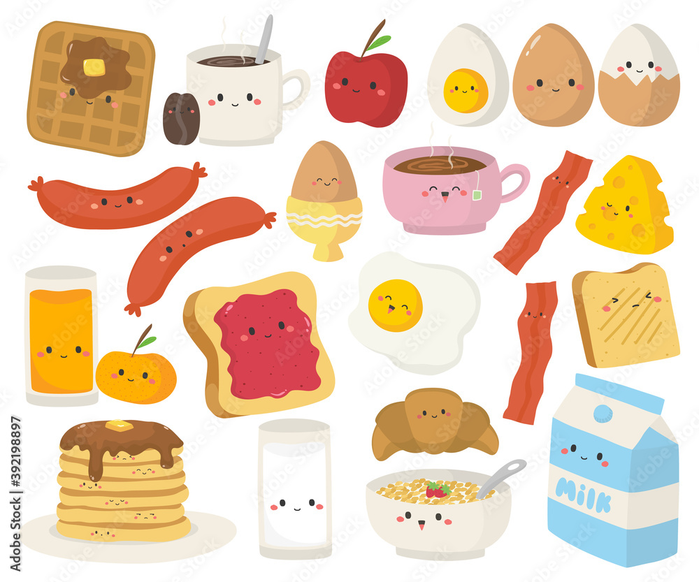 Cute kawaii breakfast food vector set. set of cute breakfast food and drinks with funny faces. Cute kawaii breakfast food vector set. set of cute breakfast food and drinks with funny faces.