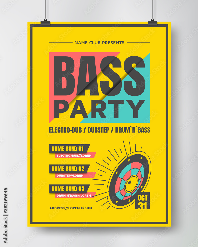 Bass party poster. Electronic music show. Drum and bass flyer design. Vector Bass party poster. Electronic music show. Drum and bass flyer design. Vector