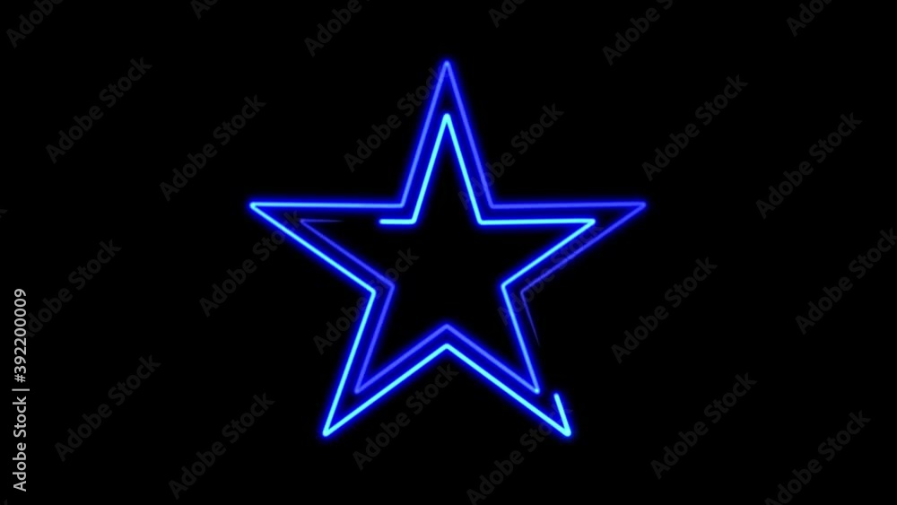 Abstract seamless pattern of blue neon lines of stars on a black background. 4K video neon star close up. Abstract seamless pattern of blue neon lines of stars on a black background. 4K video neon star close up.