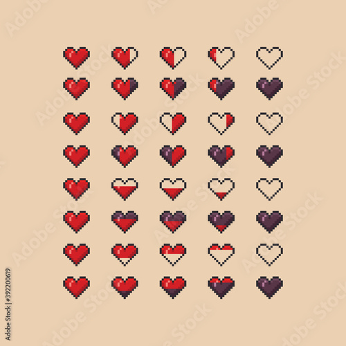 Heart health indicator vector pixel art icon set - full, half, empty live energy bar for arcade game design 8 bit