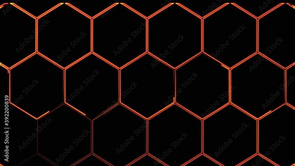 Abstract seamless 4K video animation. Video animation of glowing neon abstraction honeycomb orange yellow red on a black background. Abstract seamless 4K video animation. Video animation of glowing neon abstraction honeycomb orange yellow red on a black background.