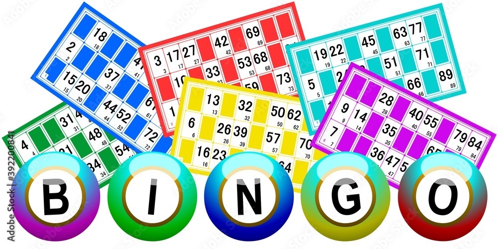 Boules et cartes de bingo multicolores sur isolée sur fond blanc 