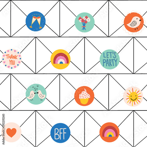 Kids stationery seamless vector background. Children letter envelopes with cute stickers background. Use for stationery, fabric, wrapping paper.