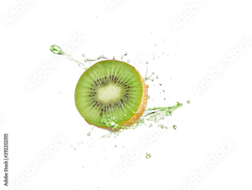 Many shapes splash water into the back of kiwifruit on a white background. Real shooting