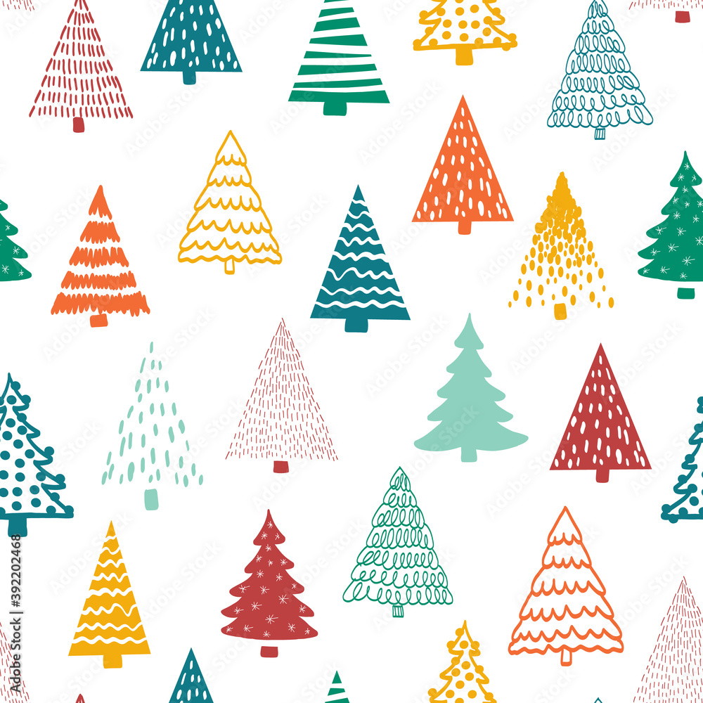 Christmas doodle trees vector background. Seamless pattern hand drawn trees. Decorative holiday background. Minimalist Winter design orange gold red green white for fabric, gift wrap, card decoration.