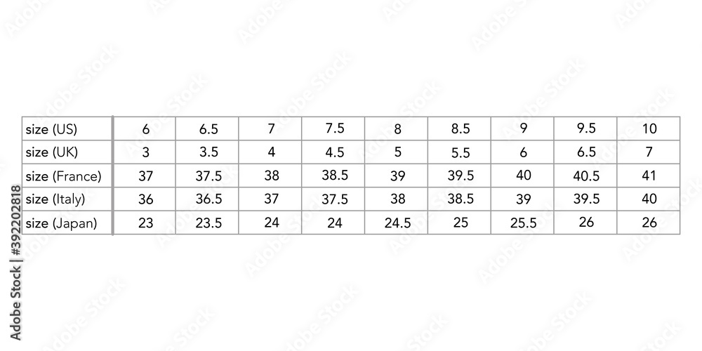 Vetor de Women standard shoe size measurements in cm, style fashion lady size  chart for site, production and online clothes shop. US, UK, EU, France,  Italy, Japan, Aus, bust, waist, hip do