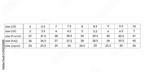 Women standard shoe size measurements in cm, style fashion lady size chart for site, production and online clothes shop. US, UK, EU, France, Italy, Japan, Aus, bust, waist, hip