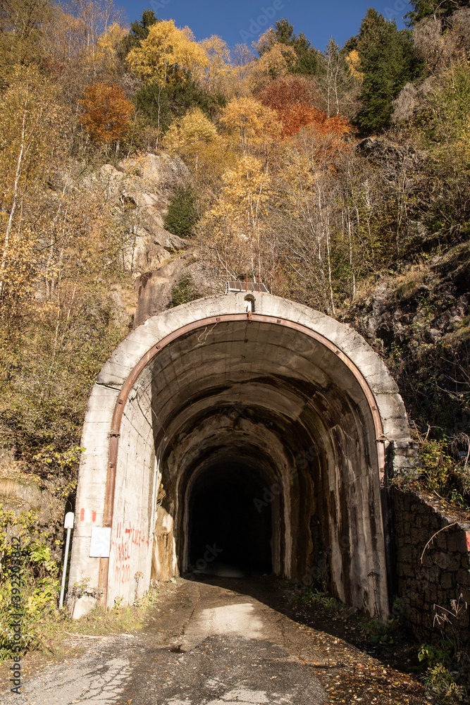 Dark tunnel on the road to Preda Rossa, with yellow trees in late autumn, on a sunny day. Val Masino, Lombardy, Italy. Background or wallpaper. Vertical shot.
