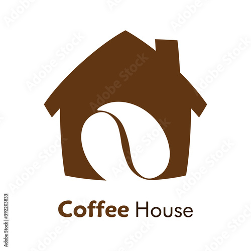 Logotipo con texto Coffee House con grano de café en casa en color marrón