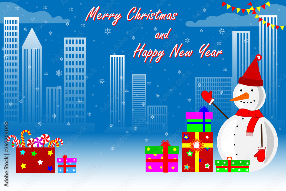 Christmas snowman with gifts, presents and sweets, snowflakes On the background of the city, skyscrapers. Vector