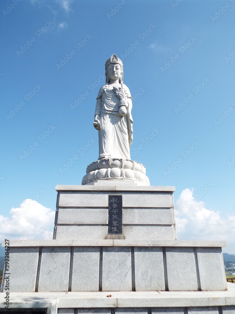 Bongha Village, Gimhae, South Korea, October 8, 2017: Statue of a goddess on a mountain in Bongha Village, birthplace of Roh Moo-hyun, 16th president of South Korea