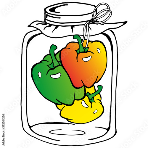 Pickled sweet peppers in glass jar. Vector illustration of a peppers in a jar. Hand drawn pickled bell peppers in glass jar.
