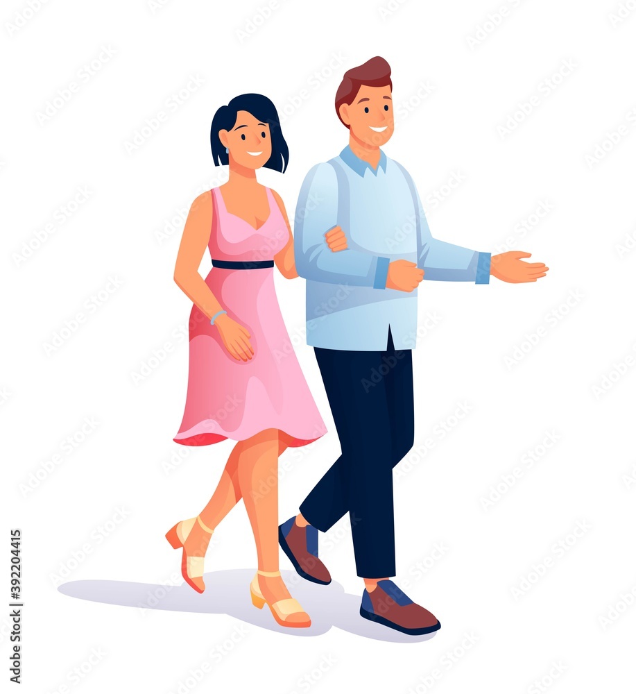 Happy man and woman walking together. Cute couple in relationship vector illustration. People in love, romantic scene. Husband and wife, young girl in dress with boyfriend