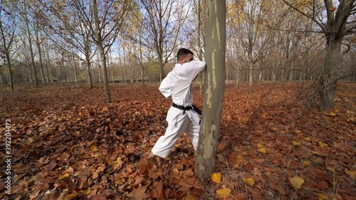 Karate fighter with black belt beating a tree to strengthen his hands and arms outdoors in an autumn landscape. Traditional karate Wado Ryu photo