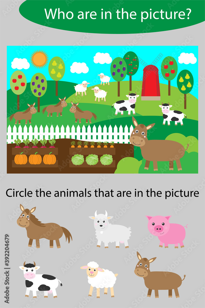 Circle the animals, game for children farm with garden cartoon style ...