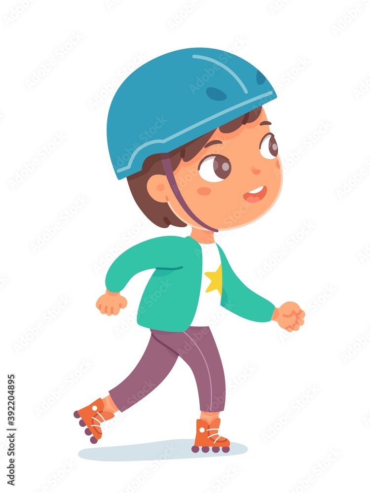 Kid riding on roller skates. Happy smiling boy skating in helmet and protection isolated on white background. Recreation at skatepark playground vector illustration. Modern youth leisure Kid riding on roller skates. Happy smiling boy skating in helmet and protection isolated on white background. Recreation at skatepark playground vector illustration. Modern youth leisure