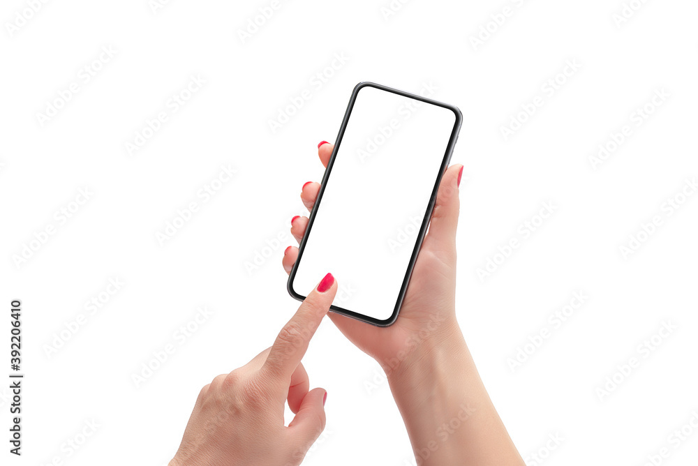 Phone mockup in woman hands. Background and phone display isolated in white. Modern smart pgone with round edges Phone mockup in woman hands. Background and phone display isolated in white. Modern smart pgone with round edges