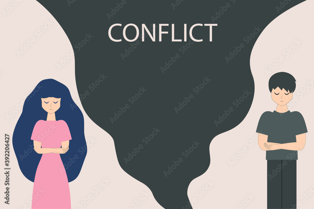 A conflict between a man and a woman. The problem is interpersonal relationships. Upset girl and boyfriend. Misunderstanding each other