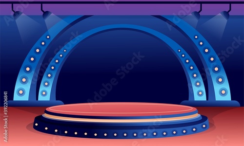 Empty stage in spotlight interior design background. Competition, television show, ceremony, movie, concert or award event vector illustration. Colorful round stage front scene