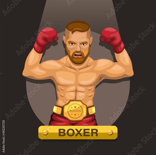 Boxer, boxing athlete with champion belt on chest character concept in cartoon illustration vector