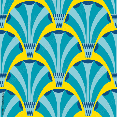 Vector art deco stylized fanning flower seamless pattern background. Blue yellow geometric backdrop with elegant fan shaped flowers. Colorful floral all over print with 1920s style elements.