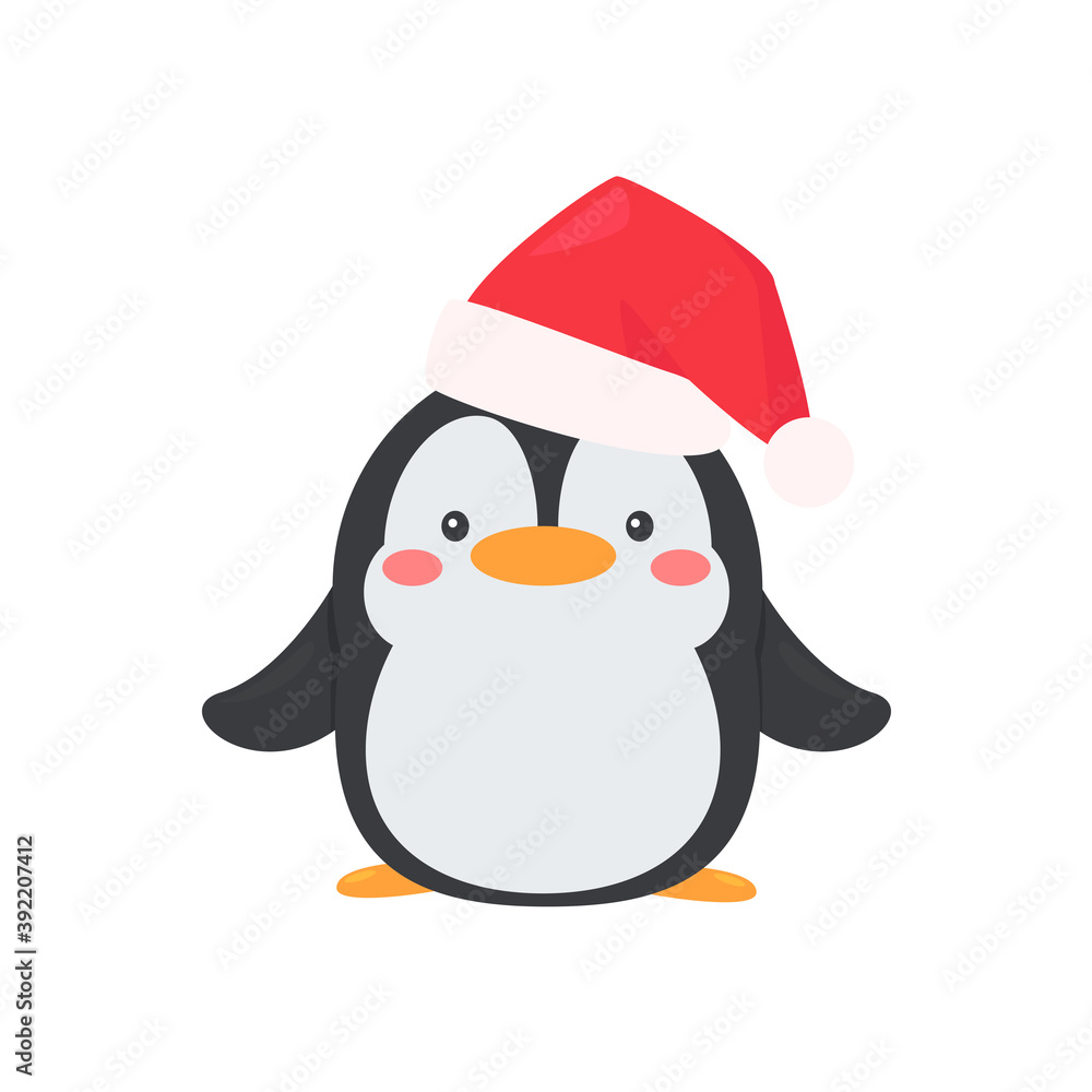 Obraz premium Cartoon penguin wearing a red christmas hat is happy in winter