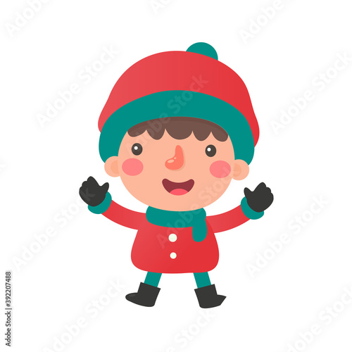 A cartoon child in a sweater playing in the snow at christmas
