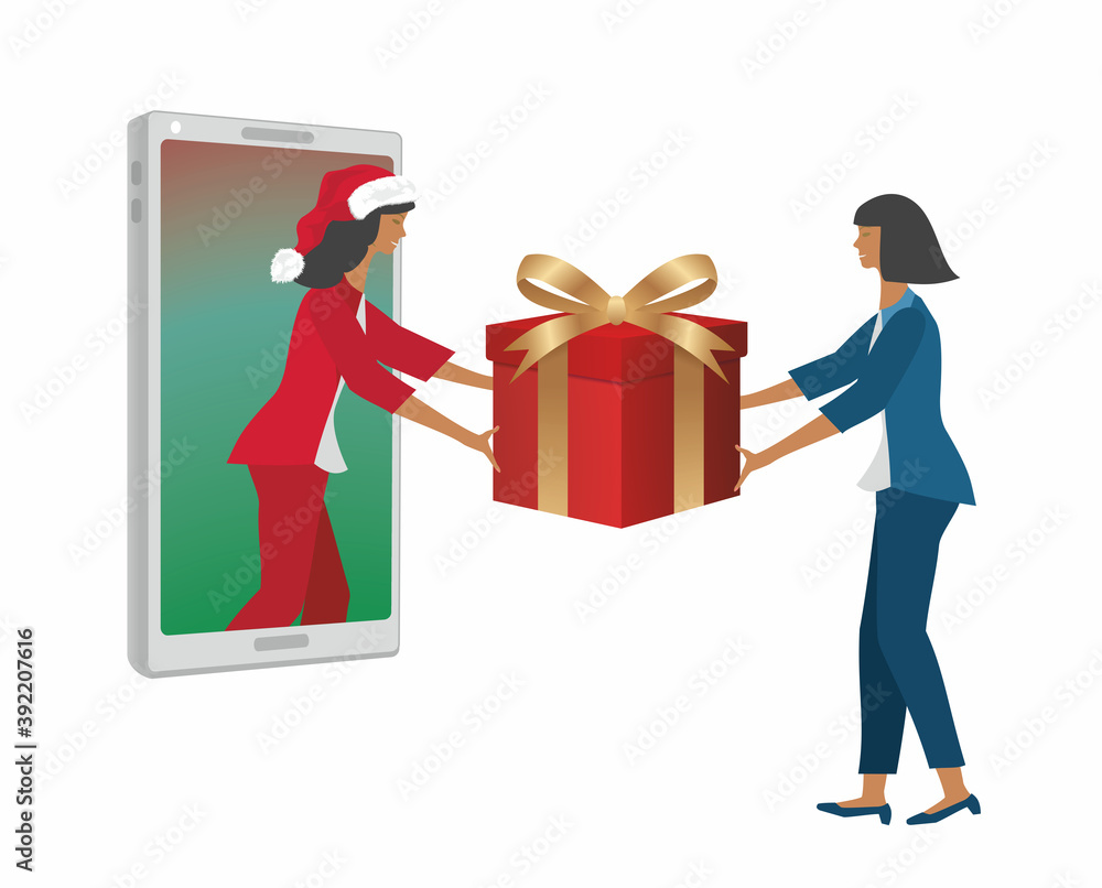 Online service. Mobile phone, Santa Claus and gift box. Vector illustration. EPS10. Online service. Mobile phone, Santa Claus and gift box. Vector illustration. EPS10.