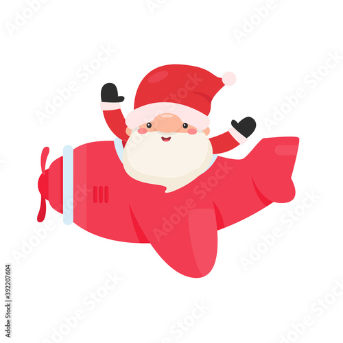Cartoon santa drives a plane to send gifts to the kids on christmas